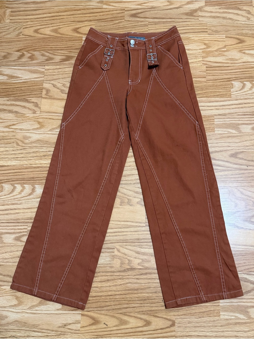 Cali 1850 Women’s Brown Contrast Stitch Buckle Pants Size 3 Y2K Wide Leg - Picture 2 of 15